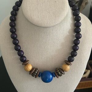 Vintage Tribal Navy Blue, Brown & Metal Beads Tribal Beaded Necklace